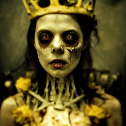 The zombie princess has sharp yellowed teeth. She is clad in a tattered, dirty gown and is perched atop a throne of bones. The lighting is dim and eerie, and the composition is such that the princess appears to be gazing directly at the viewer, as if ready to pounce. Zombie, princess, teeth, gown, throne, lighting, dim, eerie