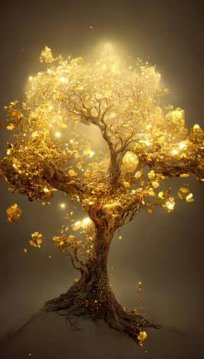 There is a beautiful rich tree,its trunk is curved golden,there are many shining gold ingot on the tree, petals are golden, gold ingot flying, fog, background is golden, golden, fluorescent, dream, brilliant, unreal engine, art station, super wide Angle, top panorama, 4K HD