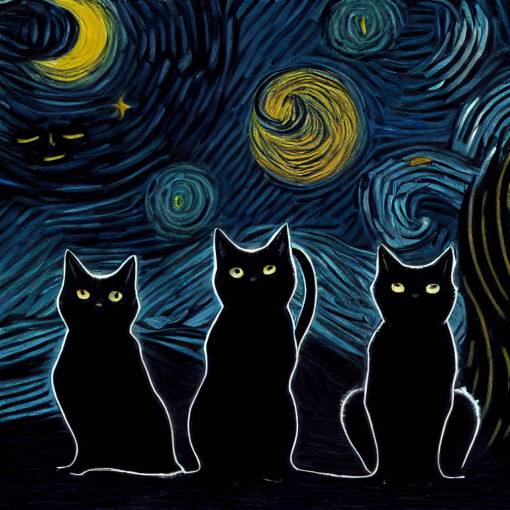 three black cats in front of a full moon in the style of Van Gogh and Tim Burton. Ultra realistic. 3D. Hyper realism.