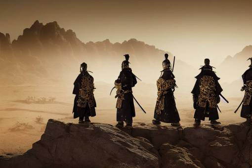 three ninja surround one lone samurai wearing intricate and ornate gold armor , cracked rocky earth with multi elevation and large parallel rock outcrop, Masashi Kishimoto style, national geographic landscape, award winning desert landscape, ultra wide high definition, 8K, 4K, superb detail, cinematic, intense, dramatic lighting, ultra wide shot