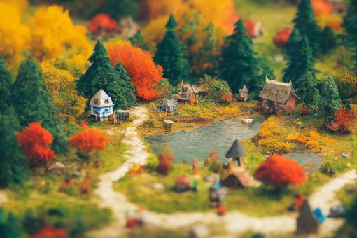 tilt-shift isometric miniature diaorama of tiny cute little fantasy village next to a lake, aerial view, autumn forest, raining, clouds gobos, pixel art, cinematic lighting, UE5, gaming concept, artstation trending, studios Ghibli