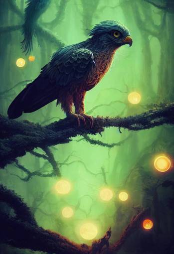 Tiny cute Alien eagle character design is on Adventure + Beautifully and Mystical Forrest with a lake, fireflies flying around the scene + painted by WLOP and in the style of Karol Bak, closeup-view, Vantage Point
