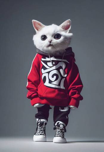 Tiny cute and adorable cat dressed in large streetwear clothing , wearing sneakers , anthropomorphic , studio lighting, fashion photography