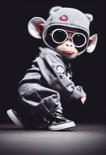 Tiny cute and adorable monkey dressed in large streetwear clothing , wearing sneakers , anthropomorphic , studio lighting, fashion photography