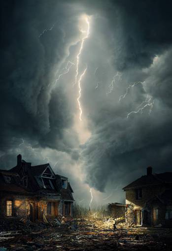 tornado destroying a small village, ultra realistic, 8k, by Jim Lee and Bastien Lecouffe-Deharme, extremely detailed, sharp focus, wide view, smooth, digital illustration, matte
