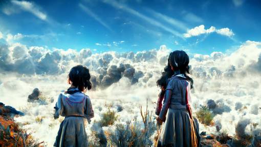 Two little black-haired girls watching Heaven Hell and Earth collide, photorealistic character design, vast and tall mountain range in the horizon, caotic stormy clouds fill the sky above, swirling and wavy storm clouds, light rays through clouds, lens flare, vivid stormy colors, lightning bolts, 8K, HDR, Unreal Engine 5, Octane Render, cinematic, volumetric, cinematic lighting, dramatic, elaborate, ethereal, light rays, ominous, horror, scary, dark background, ultra quality, photorealistic, ultra detailed, Artstation, Greg Rutkowski, H.R. Giger, Stefan Koidl, Simon Stlenhag, Johan Grenier, Zdzis?aw Beksi?ski