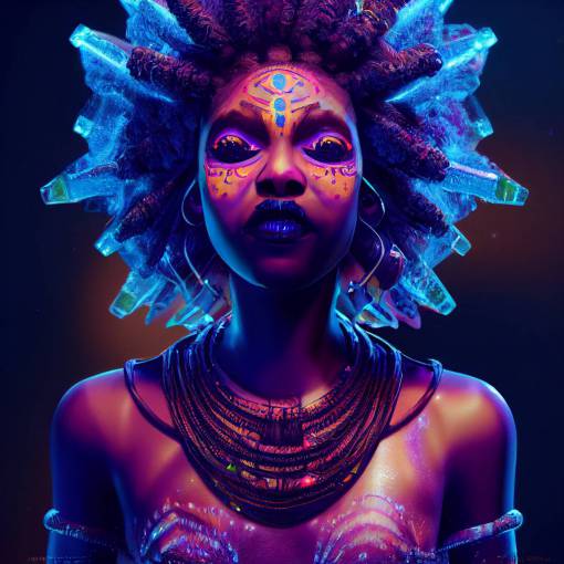 ultra detailed portrait of full body african space goddess with long tribal hair with tribal ice tatto , Volumetric lighting, sharp focus, sci - fi, fantasy art, digital illustration, dia de Los Muertos, octane render, unreal engine 5, global illumination, intricate details. concept art, lights, glow, crystals
