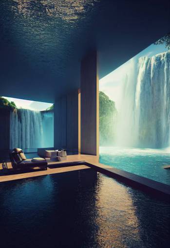 ultra futuristic modern house inside a waterfall designed by Norman Foster, glass, gold, octane render , future, intrinsic details, nature, sun, 8k, refined light,