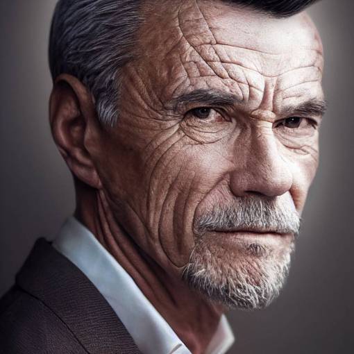 ultra photorealistic portrait of 60 year old man, the richest and most powerful man in the solar system, mix of Josh Brolin + Bryan Cranston + Clint Eastwood, wise and decisive eyes, short grey hair, minimalistic charcoal garments with intricate fractal silver decoration, thin-lined bioluminescent face tattoos in geometric shapes, cinematic + dim lighting, Arri Alexa Mini LF + 135mm lens + f2, character design, hexagonal window to space in the background
