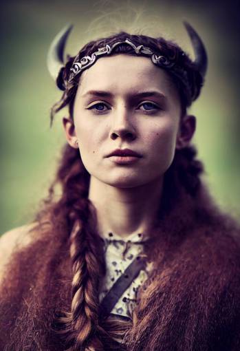 ultra photorealistic portrait photography of a beautiful viking young woman with a cheeky expression, wild hair, symmetrical features, rebellious, cheeky, high angle shot, ultra detailed, intricate details, dof, bokeh