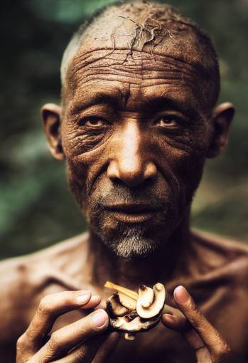 ultra photorealistic portrait photography of an primitive man eating a psilocybe mushroom, intrigued look, 70mm, ultra detailed, intricate details, dof, bokeh