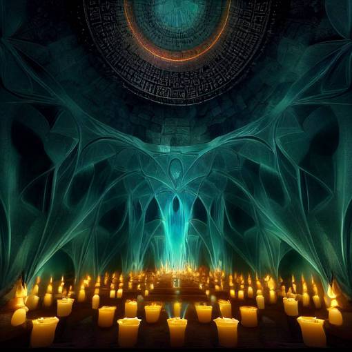 Underground, massive cavern, glowing gold lighting, mirrors, candles, esoteric, egyptian, alchemy, turquoise alchemy, etheric, magical, mystical, light, giant glass temple inside