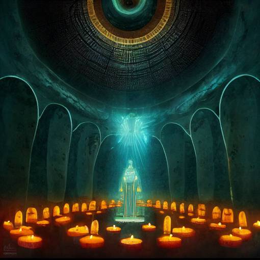 Underground, massive cavern, glowing gold lighting, mirrors, candles, esoteric, egyptian, alchemy, turquoise alchemy, etheric, magical, mystical, light, giant glass temple inside