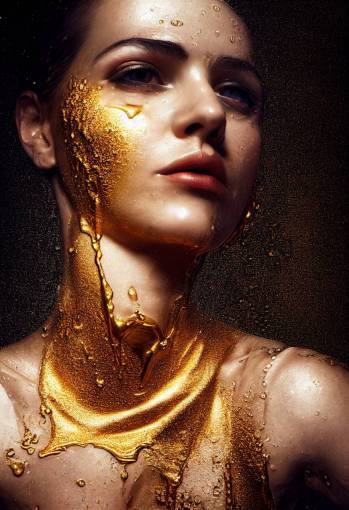 up to her neck in liquid gold, pool of melted gold, treasured life, melted gold, portrait photography, wet, liquid, reflective, unreal, After Effects, cinematic, photorealistic, beautiful, backlit, fill light, Nikon, medium shot, flash, ISO100