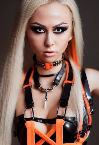 upper body portrait of sweaty and oiled Valeria Lukyanova head on Jessica Nigri body with long blonde hair, wearing orange harness latex, chain leash choker, shiny oiled skin, oiled shiny skin, tanned skin, 4k realistic symmetrical eyes, dramatic, atmospheric, cinematic lighting, intricate details, award winning photography, photo realistic, hyperdetailed, hyperrealistic textures, character design, unreal engine 5, 8k, Ultra HD, unreal engine v5, extreme realistic, octanerender, sharp focus, volumetric lighting, vray,