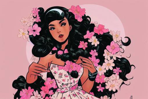 Veronica lodge black girl twirling in pink glittery Gucci dress in floral bedroom manga style