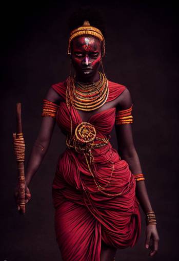 very realistic full body view of beautiful massai goddess, red dress, face paint, very high details, majestic, cinematic,