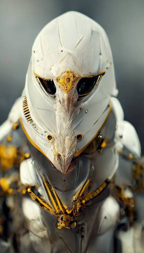 War parrot white exoskeleton armour and blades: futuristic barroque golden details, scy-fi, hyperrealistic, hyperdetailed, intricate, octane renderer, 8k,