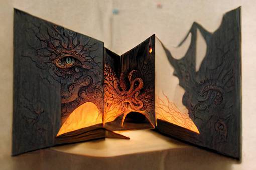 white paper. layers of light. isometric pop-up book opened and displaying a papercraft Cthulhu bursting from the page,