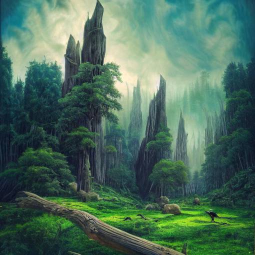 widescene gothic baren forest atmospheric, transitions into high contrast lush green forest with majestic ravens