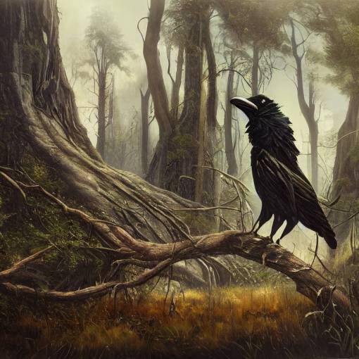 widescene gothic baren forest atmospheric, transitions into high contrast lush green forest with majestic ravens