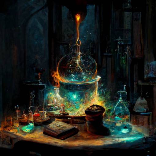 Wizard doing alchemy in magic laboratory