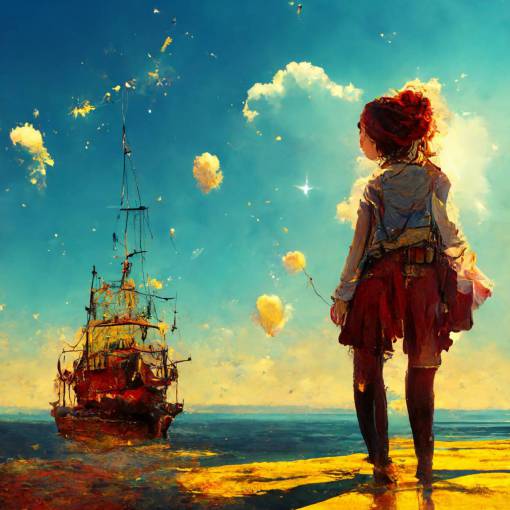 young pirate girl with a big smile standing on a ship, freckles, red pigtails, clear blue skies, golden clouds, sparkling water