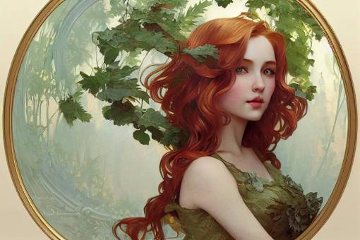 Young Red Haired Attractive Beautiful Gorgeous Cute Elven Woman with Green Eyes, full head, Oval baroque frame, acanthus scroll, Painted by artgerm, Alphonse Mucha, Akihiko yoshida, sakimichan, krenz cushart, low angle shot, digital painting