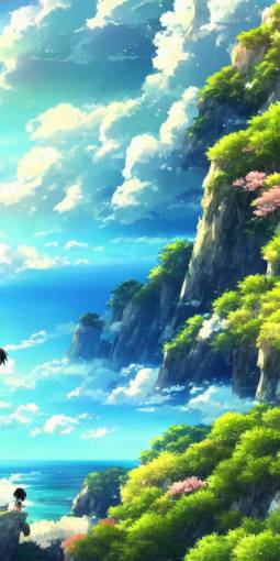 A beautiful anime illustration of an ocean coast, cliffs, wildflowers, breathtaking clouds, wide angle, by wu daozi, qiu ying, tang yin, very detailed, deviantart, 4k vertical wallpaper, tropical, colorful, airy, anime illustration, anime nature wallpap
