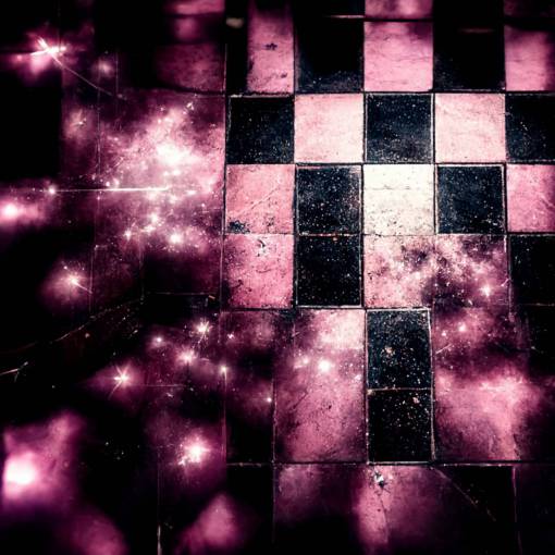 a black and white checkered floor victorian gothic ballroom in pink outer space nebula, stars, sparkle, surrealism, magic, magenta atmospheric lighting, cinematic