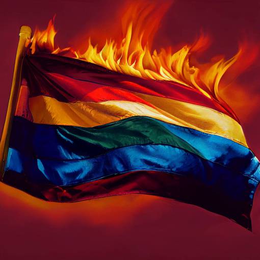 a burning gay pride flag, photo realistic
