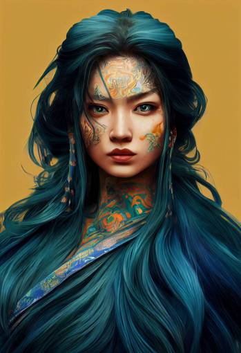 a character design,handsome girl with turquoise long hair and blue dragon skin, painted by Sui Ichida, low angle shot, digital painting
