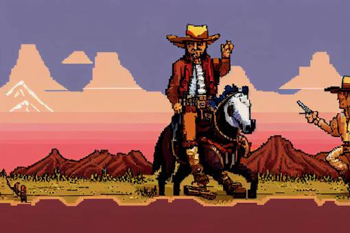 A cowboy, in Wild West style, game art image, in Oregon trail game style, in the style of Gustavo Viselner, 2 side view, 8-bit pixel art style, cartoon style, High detail pixel art, highly detailed and intricate, Colorful, 2D Illustration