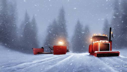 A cozy Snowplow! clearing a beautiful snowy landscape. A blizzard and heavy snow falls. Fog and mist, highly detailed, concept art, digital art, 4k, high snow