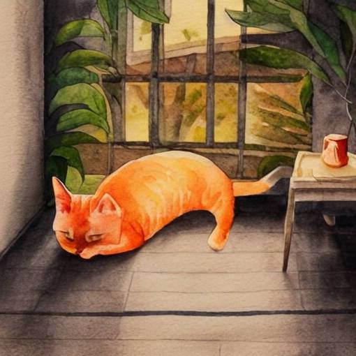 A fat, cute orange cat in a beautiful room, cozy, watercolor on paper by CARY KWOK, details, lights, beautiful, 4K, 8K