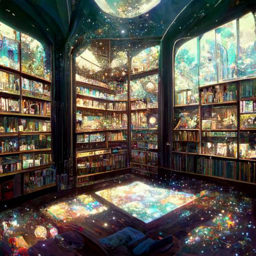 a floor view of a wondrous amazing fantasy library, filled with books, reflective floors, glass panels, detailed, star light, illustration, by Yuumei