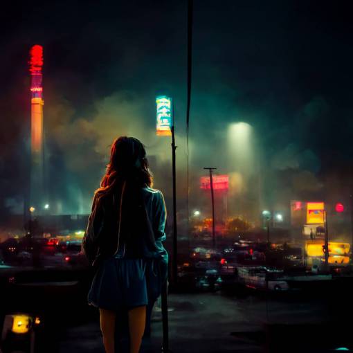 a girl leaning on a light pole, neon lights under the sky, night shift, cinematic, moody, dark, hyperrealistic, haze in the air, studio picture