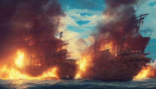 A highly detailed matte painting of a huge pirate ship on fire, huge fires and smoke and explosions, in the ocean by Studio Ghibli, Makoto Shinkai, by Artgerm, by beeple, volumetric lighting, octane render, 4K resolution, trending on artstation
