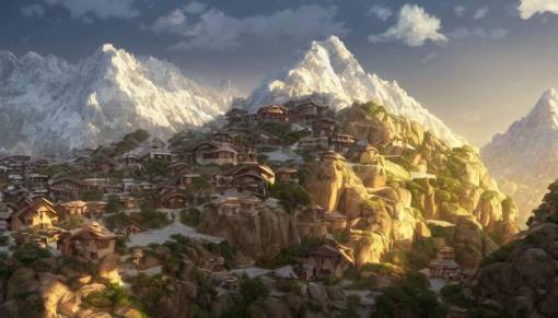 A highly detailed matte painting of a tribal village on the mountainous plains with snowy cliffs by Studio Ghibli, Mokoto Shinkai, by Artgerm, by beeple, volumetric lighting, octane render, 4K resolution, trending on artstation