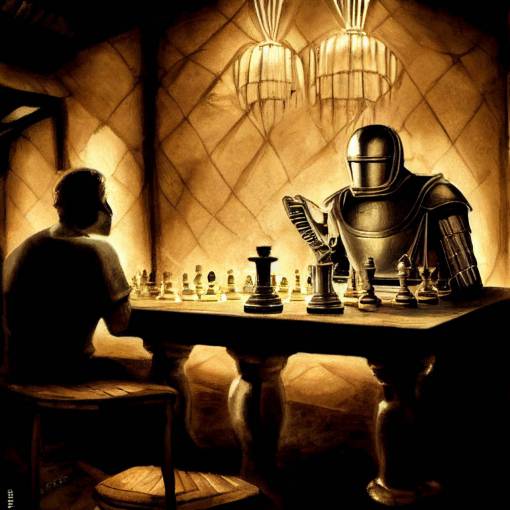 A man and an ethreal suit of armor playing chess in a tavern
