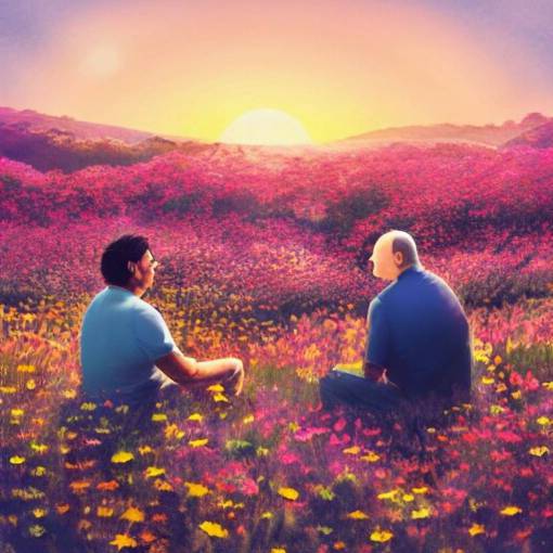 a man is white and balding, and middle aged, and the other man is latino and skinny, together in a field of flowers at sunset, realistic, intricate, 4k