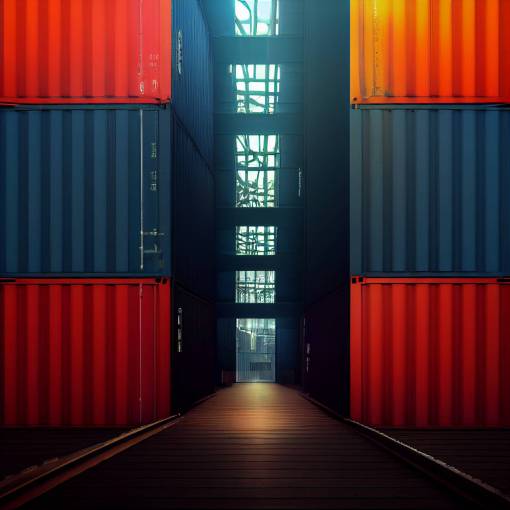 a photorealistic corridor of stacked shipping containers in a port, octane render, highly detailed 50mm, symmetrical framing