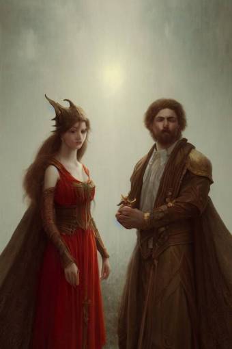 a portrait of Satan and his wife, white eyes, bored, illustration, soft lighting, soft details, painting oil on canvas by Edmund Blair Leighton and Charlie Bowater octane render, HDR, trending on artstation, 4k, 8k, HD