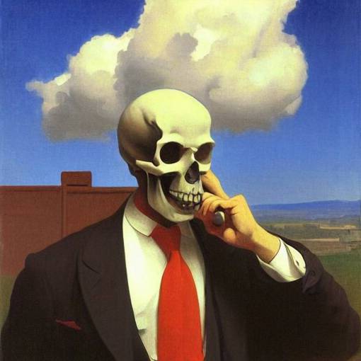 a portrait painting of a man in a suit with a skull as his head smoking a cigarette, head is surrounded by clouds, in the style of Edward Hopper and William Adolphe Bouguereau, 4k,