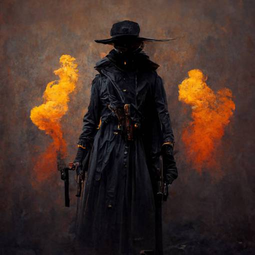 a silhouette of a gunslinger in a trench coat with a broad hat holding a gun that's on fire, mist, hyper-realistic, dark western, gothic fantasy