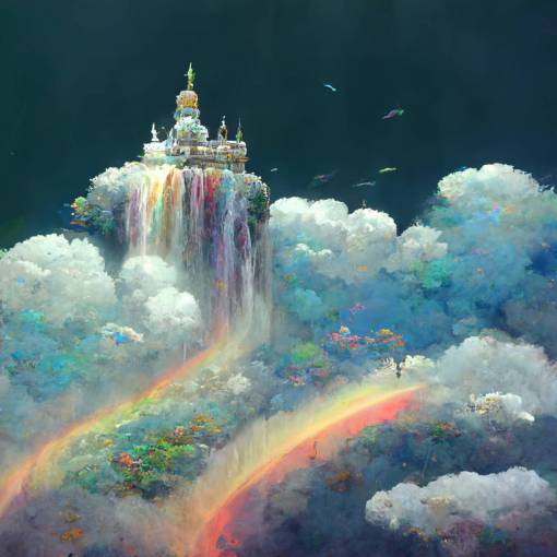 A sky castle with rainbow flying fish and magic rainy cloud and waterfall