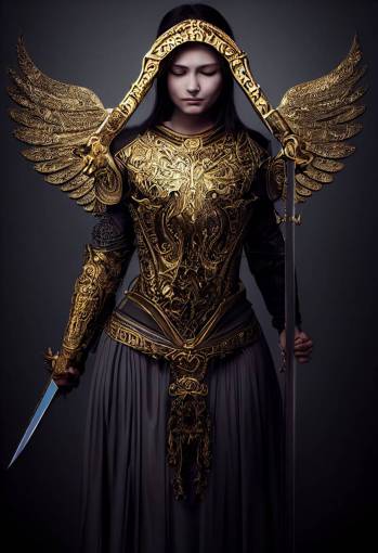 a woman holding sword with huge angel wings in medieval armor with intricate gold swirl patterns. she has beautiful face and she have a holy circle on over her head , full body, flat white background, hyper detailed , Long shot, symmetrical, hyper realistic, ultra realistic details + hyper real + unreal engine 5, photorealistic, octane render, Vray + Zbrush + DirectX + Terragen + After Effects + 8k UHD + immense detail, enchanced quality + immersive detail,extreme realistic and detailed