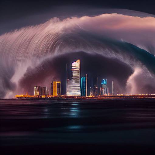 Abu Dhabi skyscrapers getting crushed by a giant tsunami wave, bigwave surfing, cinematic lighting, high octane 8K
