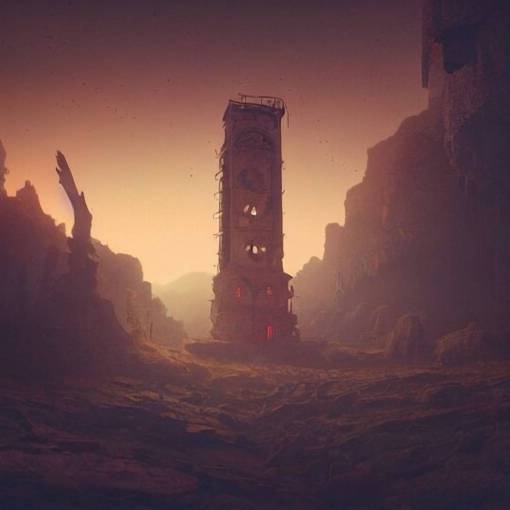 an abandoned old rusty clocktower in a dark enormous cave, Low level, rendered by Beeple, Makoto Shinkai, syd meade, simon st