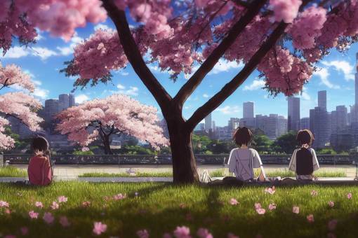 An Anime Peaceful Cityscape in the summer, sitting under cherry blossom tree, by Shinkai Makoto ''Your Name'' 